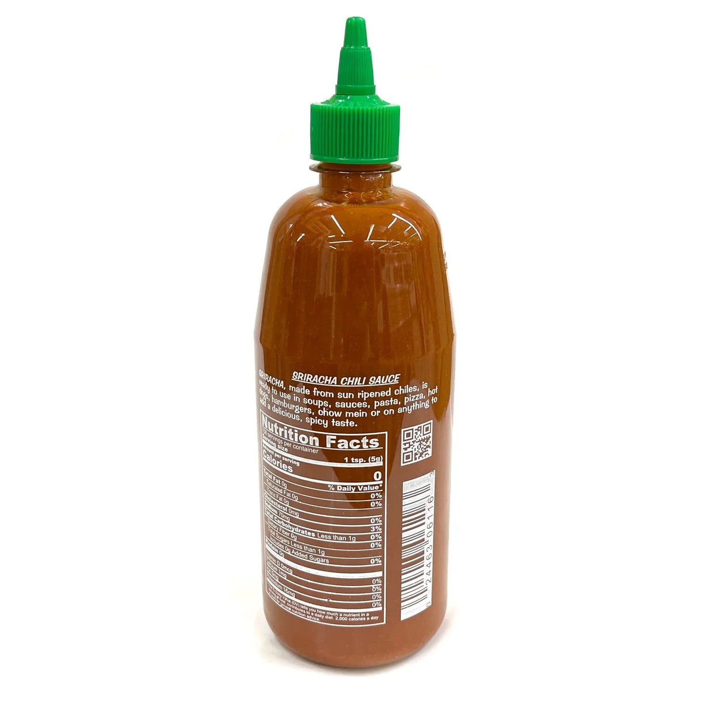 Huy Fong Sriracha Chili Sauce bottle with green cap, showcasing the iconic rooster branding and nutrition facts.