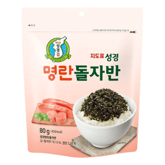Korean seasoned seaweed flakes with pollock roe in bowl on rice, 80g package with Korean text