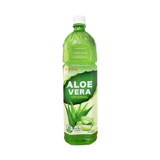Lotte Aloe Vera Original drink in a green bottle, featuring aloe vera pieces and vibrant graphics, refreshing beverage.