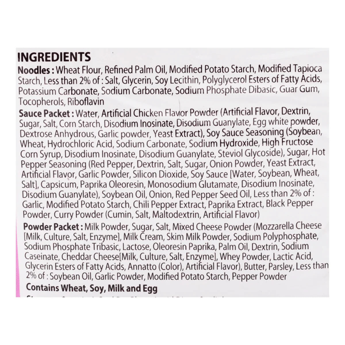 Ingredients list for Samyang Buldak Ramen Carbonara Hot Chicken Flavor, detailing noodles and sauce packet contents.