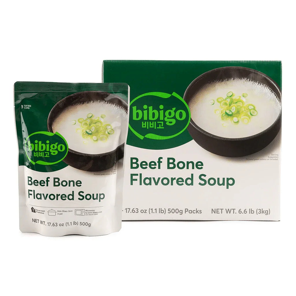 Bibigo Beef Bone Flavored Soup packaging featuring 500g pouch and box, perfect for authentic Korean soup.