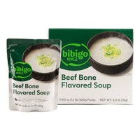Bibigo Beef Bone Flavored Soup packaging featuring 500g pouch and box, perfect for authentic Korean soup.