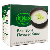 Bibigo Beef Bone Flavored Soup packaging featuring a rich broth and green onion garnish, perfect for authentic Korean cuisine.