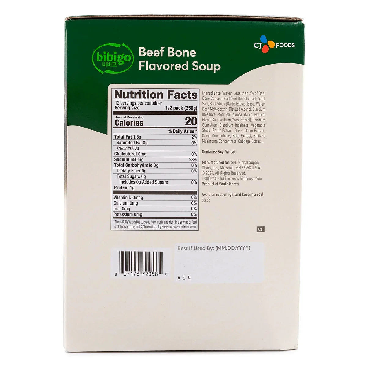 Bibigo Beef Bone Flavored Soup nutrition facts label with serving size and ingredient details.
