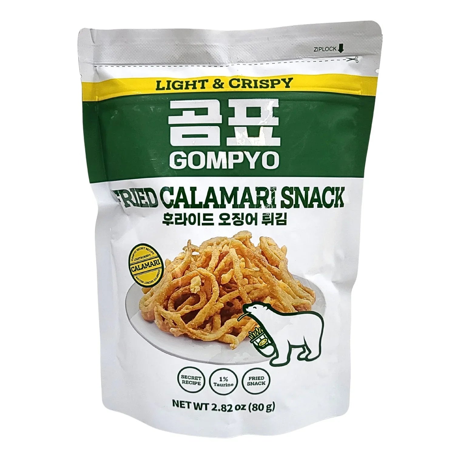 Gompyo Fried Calamari Snack packaging with crispy squid snack, 2.82 oz, featuring a light and crunchy texture.
