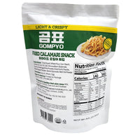 Gompyo Fried Calamari Snack packaging showcasing light, crispy fried squid with nutrition facts for a savory snack experience.