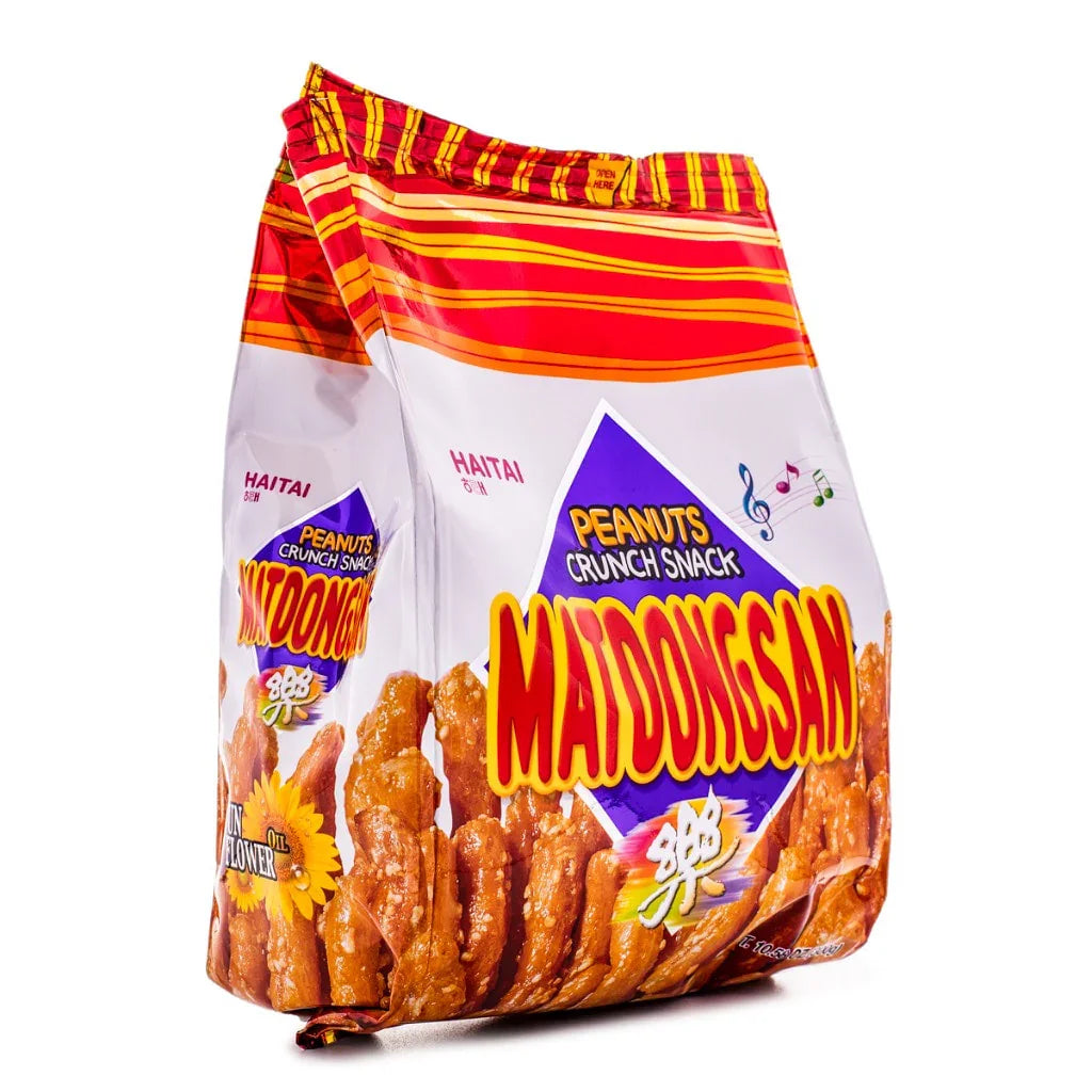 Haitai Matdongsan Peanut Crunch Snack bag featuring crispy, nutty bites in bright packaging.