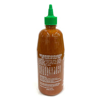 Huy Fong Sriracha Chili Sauce bottle with green cap, featuring ingredients and nutrition label on the back.