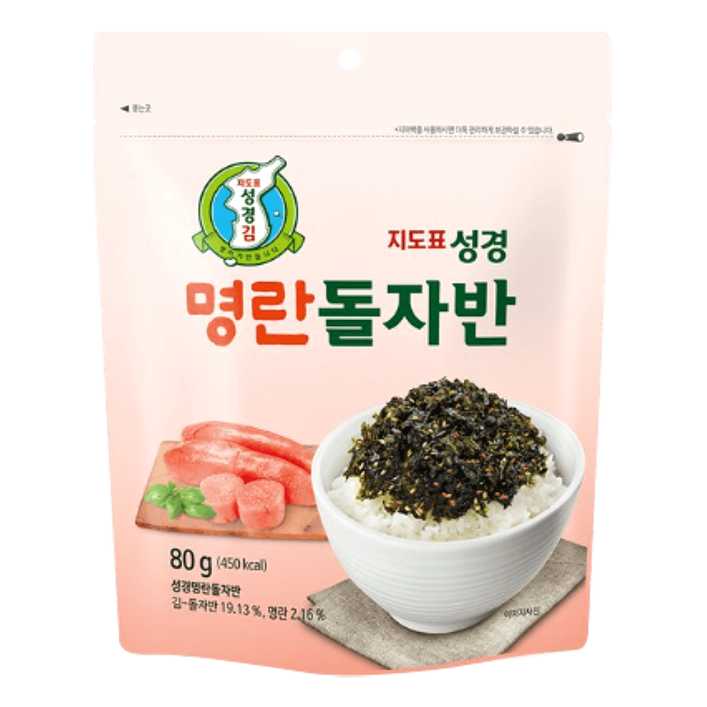 Korean seasoned seaweed flakes with pollock roe in bowl on rice, 80g package with Korean text