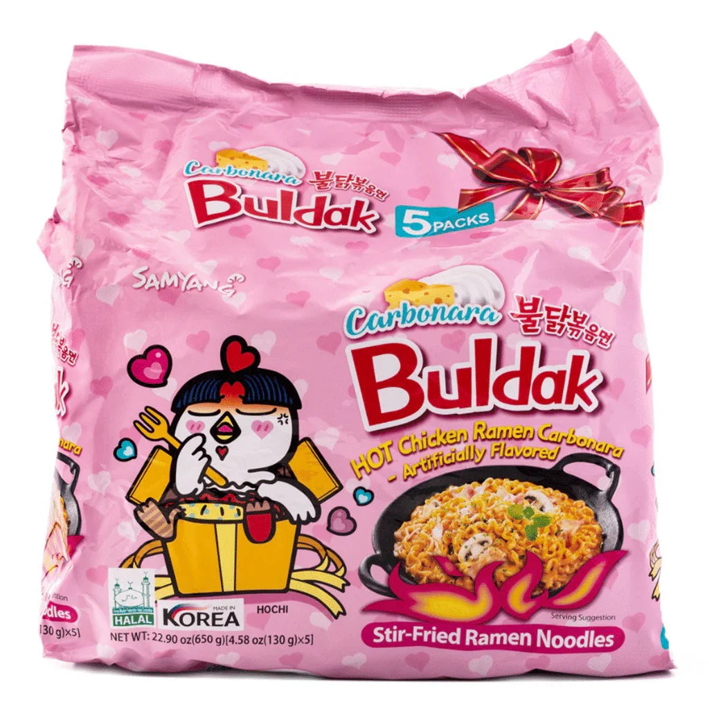 Samyang Buldak Carbonara Hot Chicken Ramen noodles pack, featuring 5 servings of creamy and spicy fusion flavor.