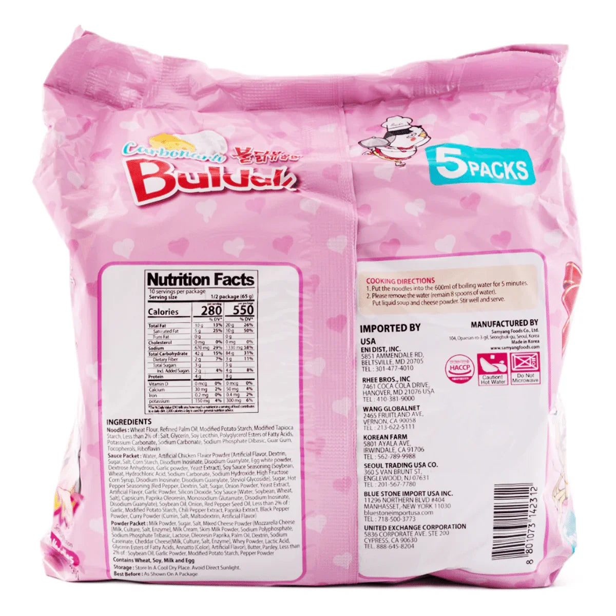 Samyang Buldak Ramen Carbonara package with nutrition facts and cooking directions, featuring bold pink design.