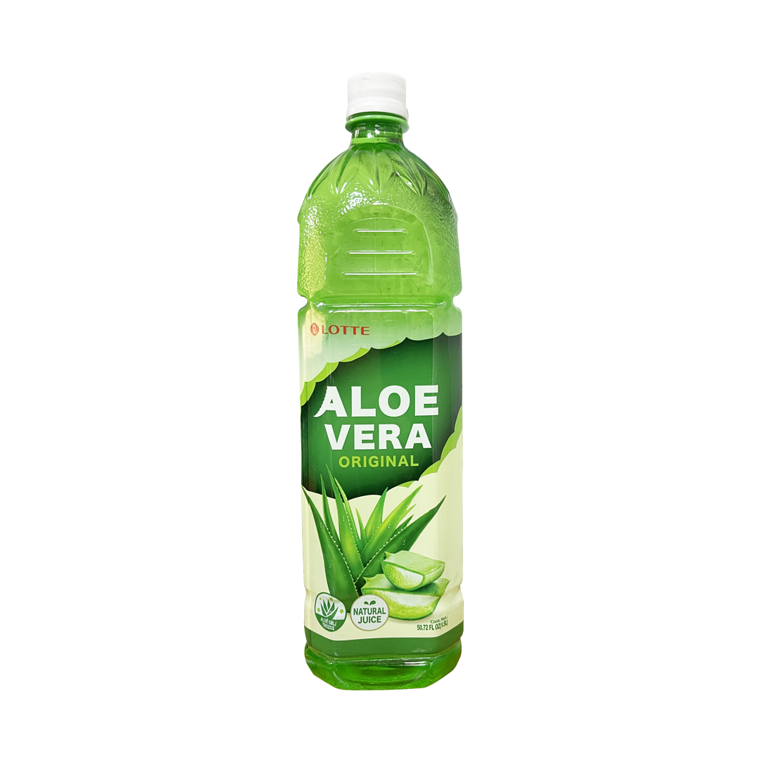 Lotte Aloe Vera Original drink in a green bottle, featuring aloe vera pieces and vibrant graphics, refreshing beverage.